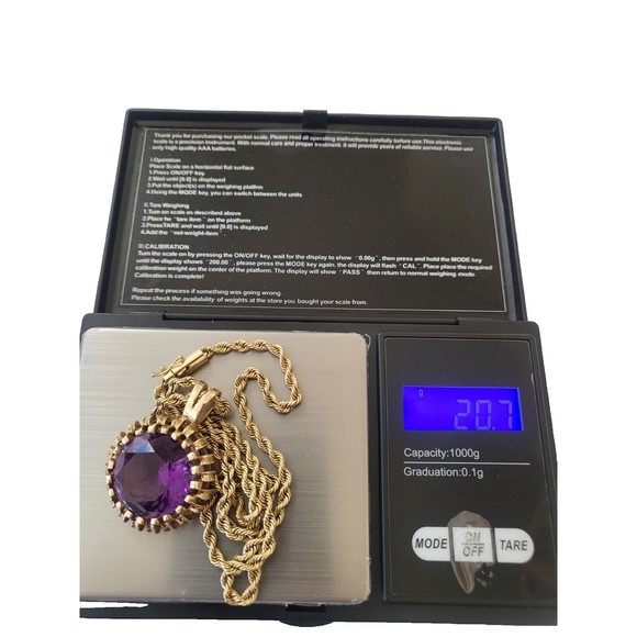 Vintage 14K Yellow Gold 21.2 mm Natural Amethyst Pendant Chain Necklace 20.7 gms - Picture 4 of 9